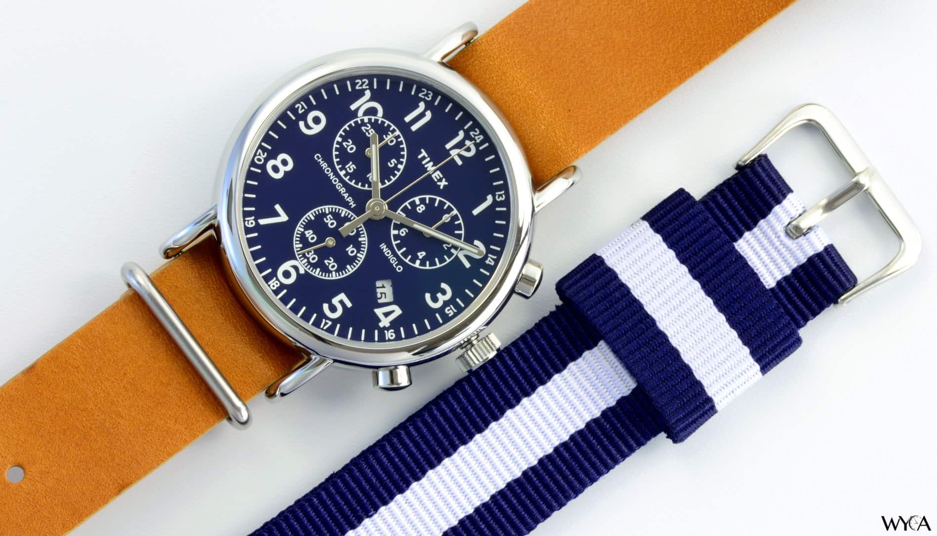 Timex Weekender Chronograph on a Barton Blue & White Nato Strap