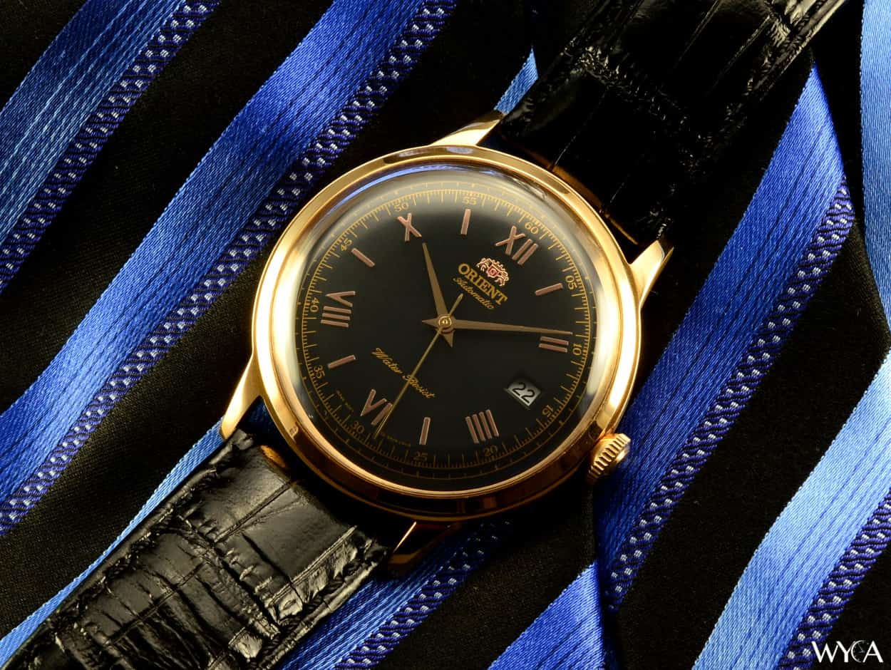 Orient Bambino V2 on Black & Blue Tie