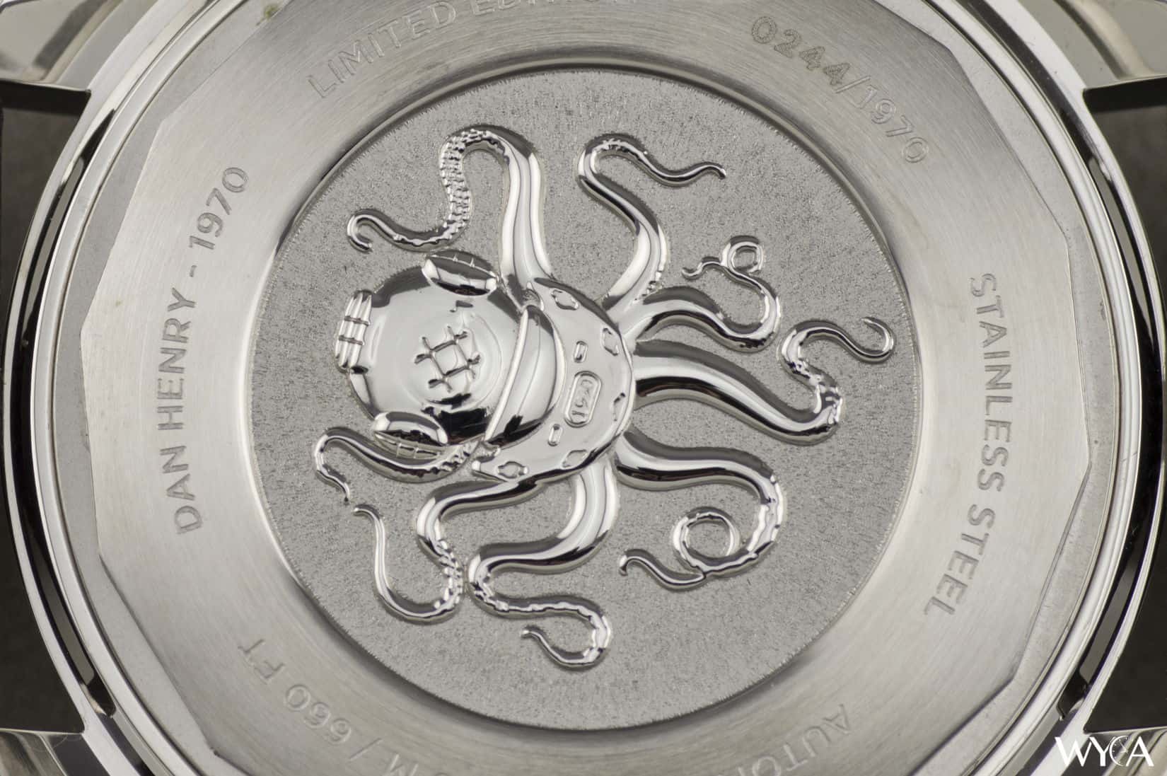 Close-up of the engraving on the Dan Henry 1970 caseback.