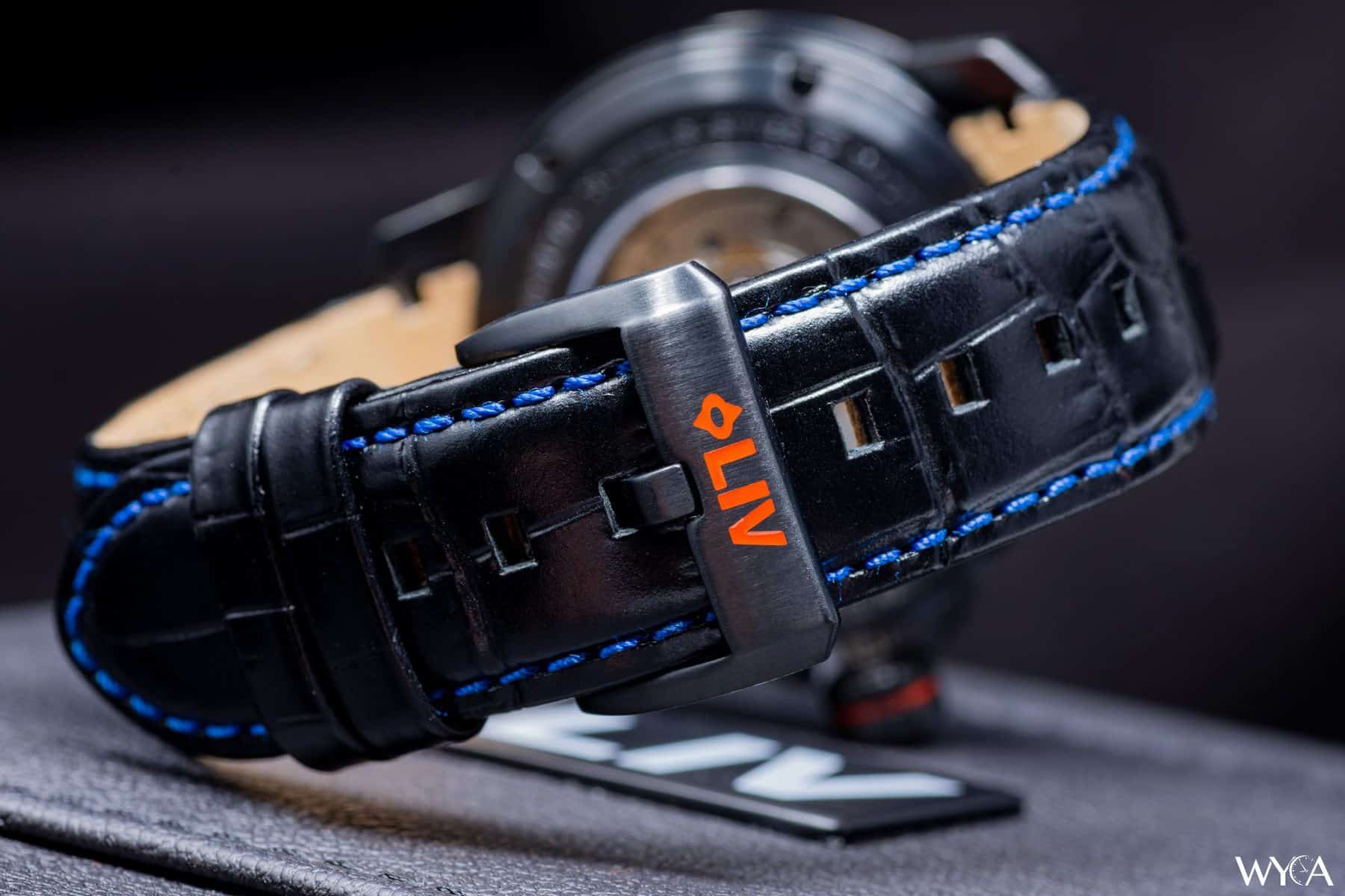 The black and blue-accented crocodile grain leather strap on the LIV GX1-A